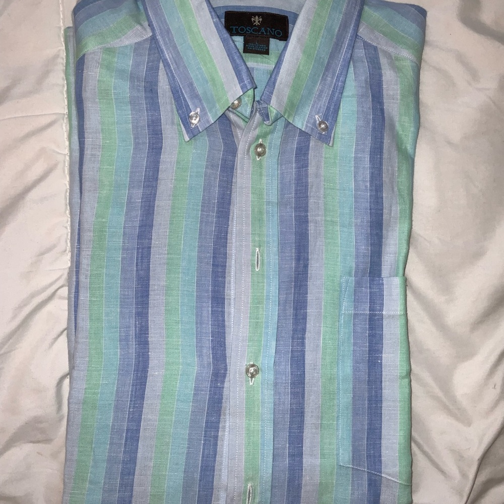 New Tuscano Pure Linen shirt green and blue stripes. Size large NEW